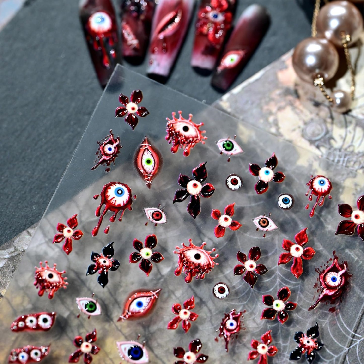 Halloween Nail Stickers for Nail Art Scary Eyeball Flower Nail Art Stickers Eye Scar Blood Red 5D Embossed Floral Nail Decals Self-Adhesive Nails Supply Manicure Sliders Devil for Nails Decoration