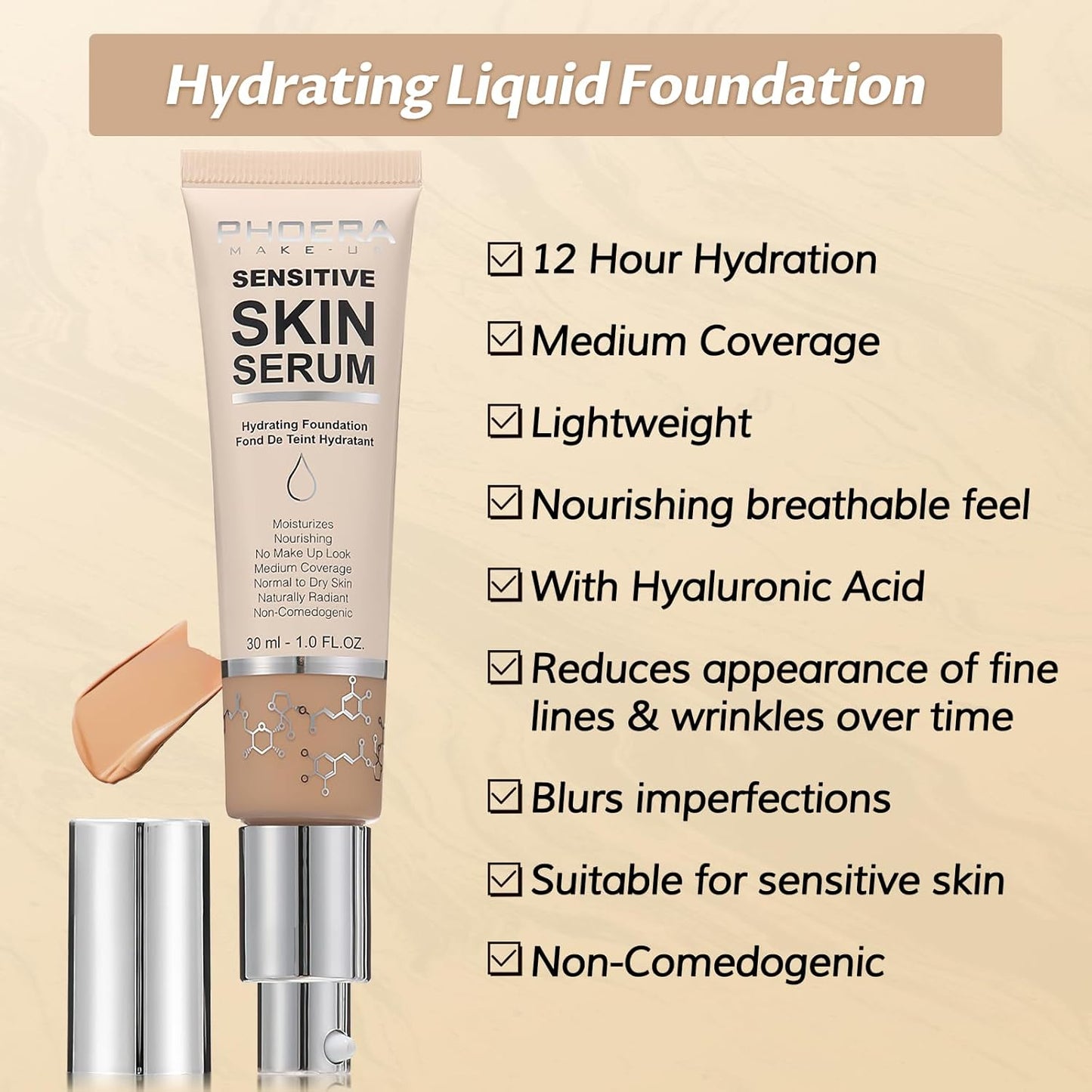 Phoera Foundation Makeup,Flawless Soft Matte Full Coverage with Matte Finish,Hydrating Serum Foundation,Face Makeup for Normal and Dry Skin(N02 Nude, 1PC)