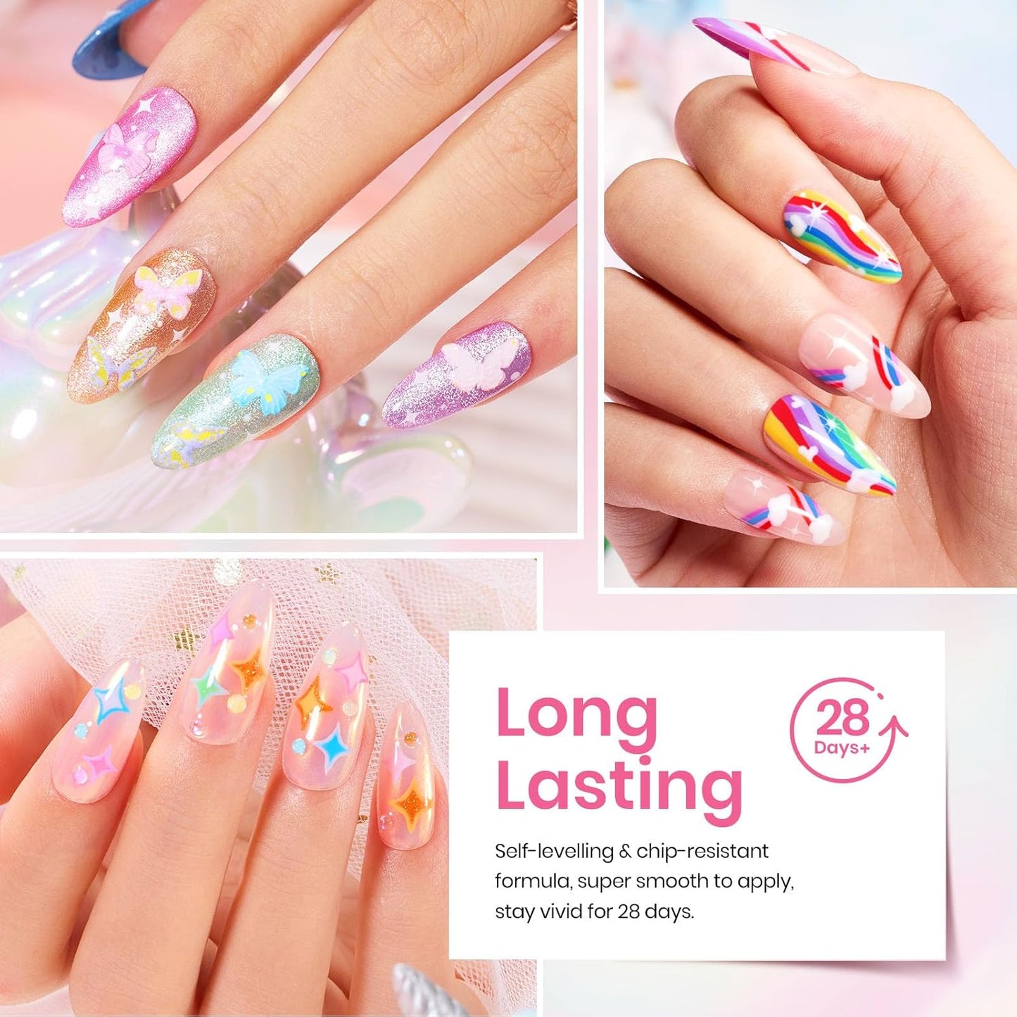 Beetles Gel Nail Polish Set, 24 Pcs 20 Colors Rainbow Pastel Neon Cat Eye Pink Purple Glitter Red Green Gel Nail Polish Kit Soak Off UV with Base Coat Top Coat Gift for Women Dreamy Wonderland