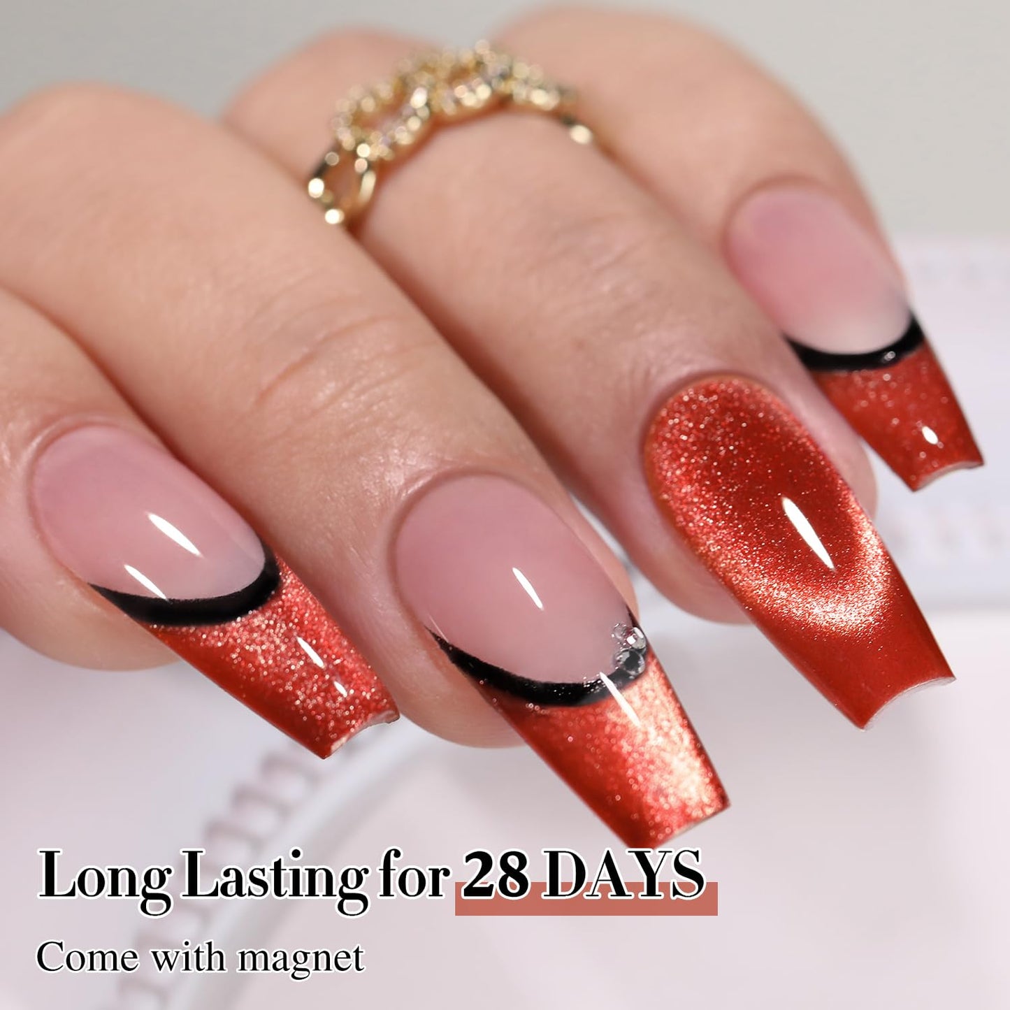 Double Rhythm 0.5 OZ Cat Eye Gel Polish with Magnet 15ML Holographic Glitter Shimmer Translucent Jelly Color Magnetic Nail Polish Salon DIY at Home (Red-MC1055)