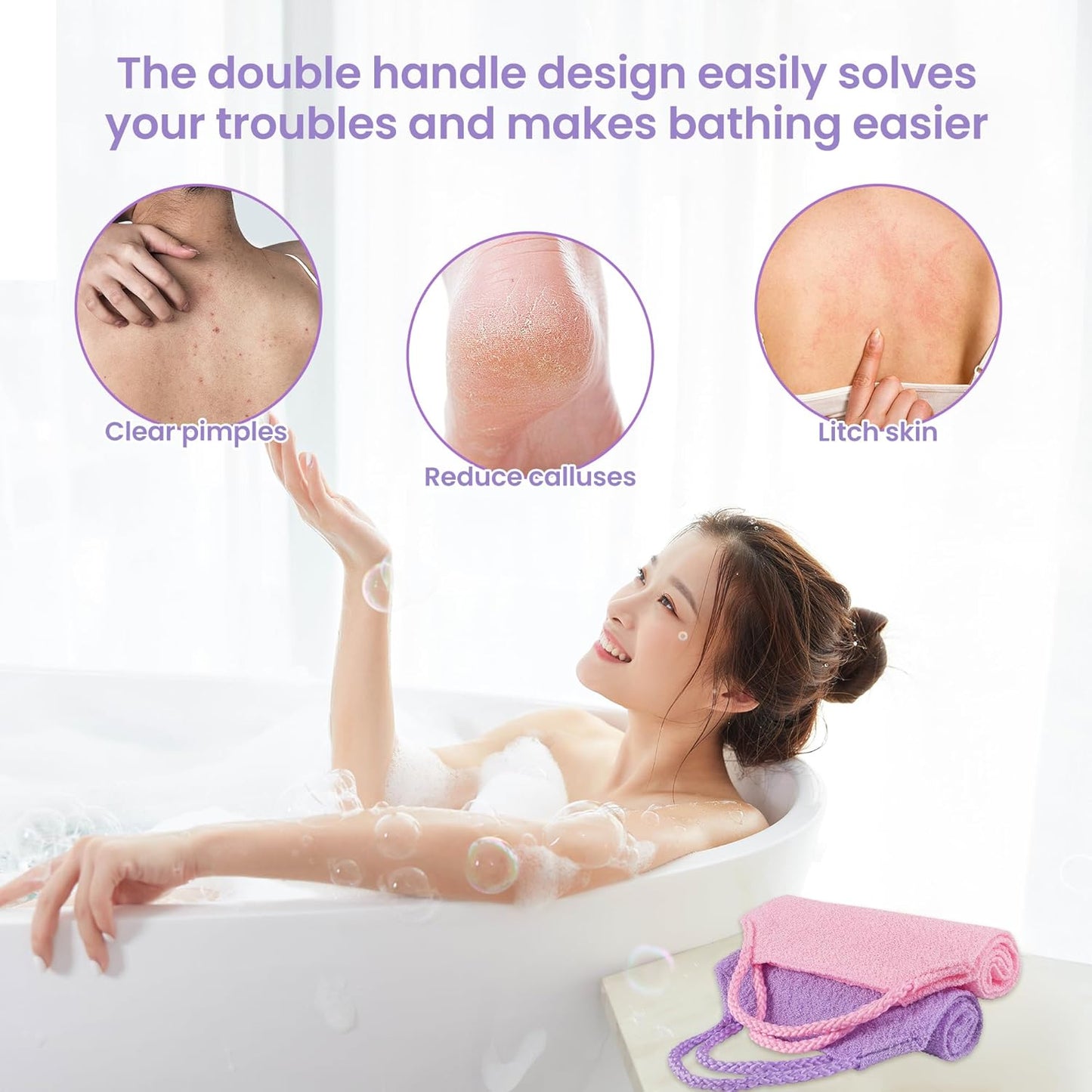 3 Pcs Double-Sided Back Exfoliator Body Scrub Towel, Exfoliating Back Scrubber with Handles,Exfoliating Washcloth Bath Tool in Shower, Stretchable Back Washer to Deep Cleans Skin (Beige,Pink,Purple)