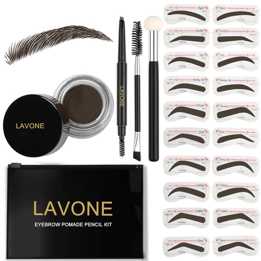LAVONE Eyebrow Stamp Stencil Kit for Eyebrows, Brow Stamp Trio Kit with Waterproof Eyebrow Pencil, Eyebrow Pomade, 20 Eyebrow Stencils, Dual-ended Eyebrow Brush and Sponge Applicator - Medium Brown