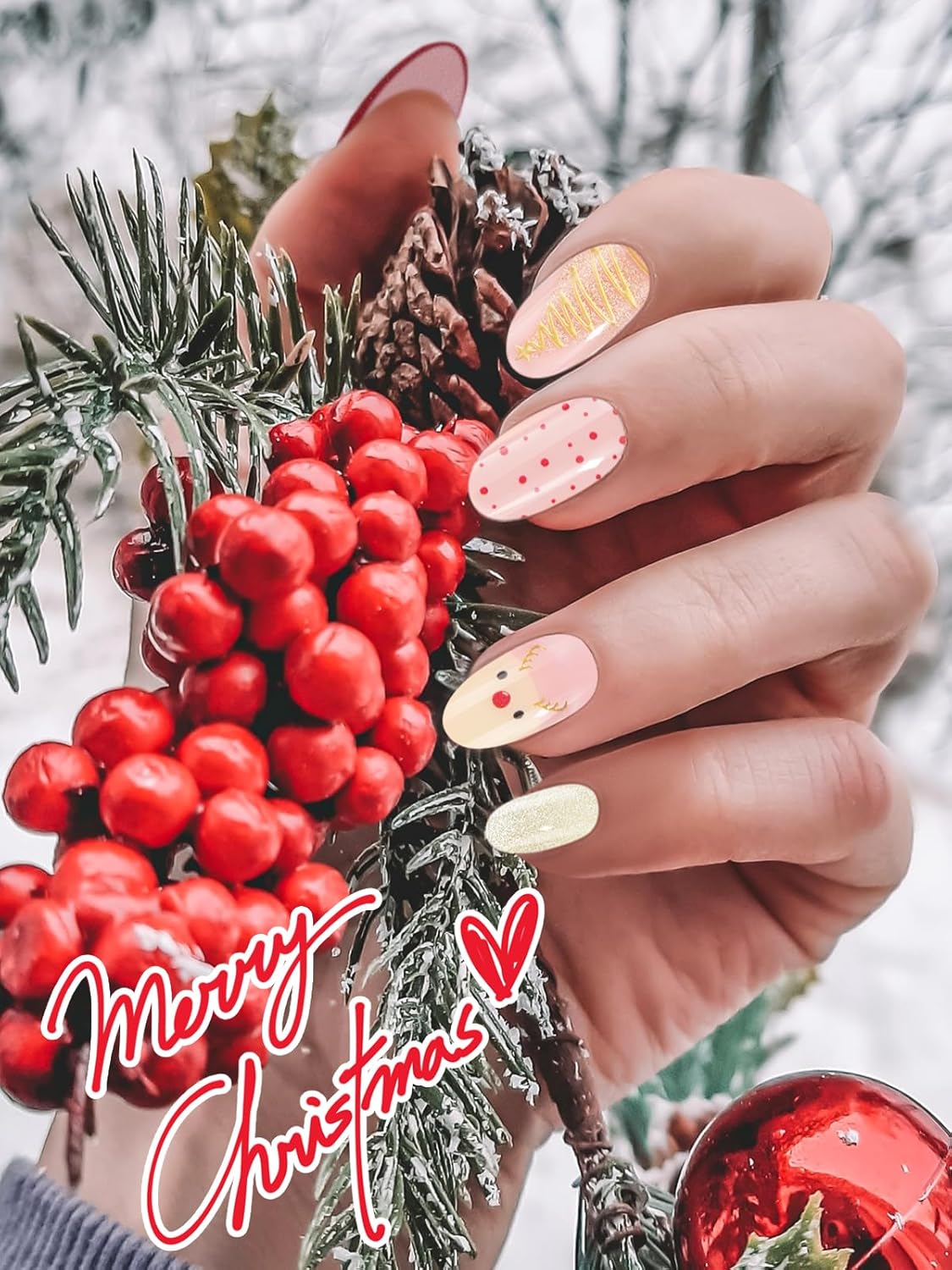 EBANKU 24PCS Christmas Semi-Cured Gel Nail Strips, Christmas Elk TreeAdhesive Gel Nail Art Sticker, Waterproof Gel Nail Wrap Stickers with Nail File and Stick