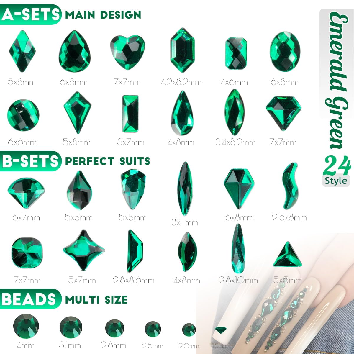 4 Boxes Emerald Green Rhinestones Glitters 24 Shapes K9 Glass Gems Stones Flatback Round Diamonds Crystals Nail Art Charms Supplies for Nails Faces Eyes Makeup Body DIY Crafts Tumblers Bottles