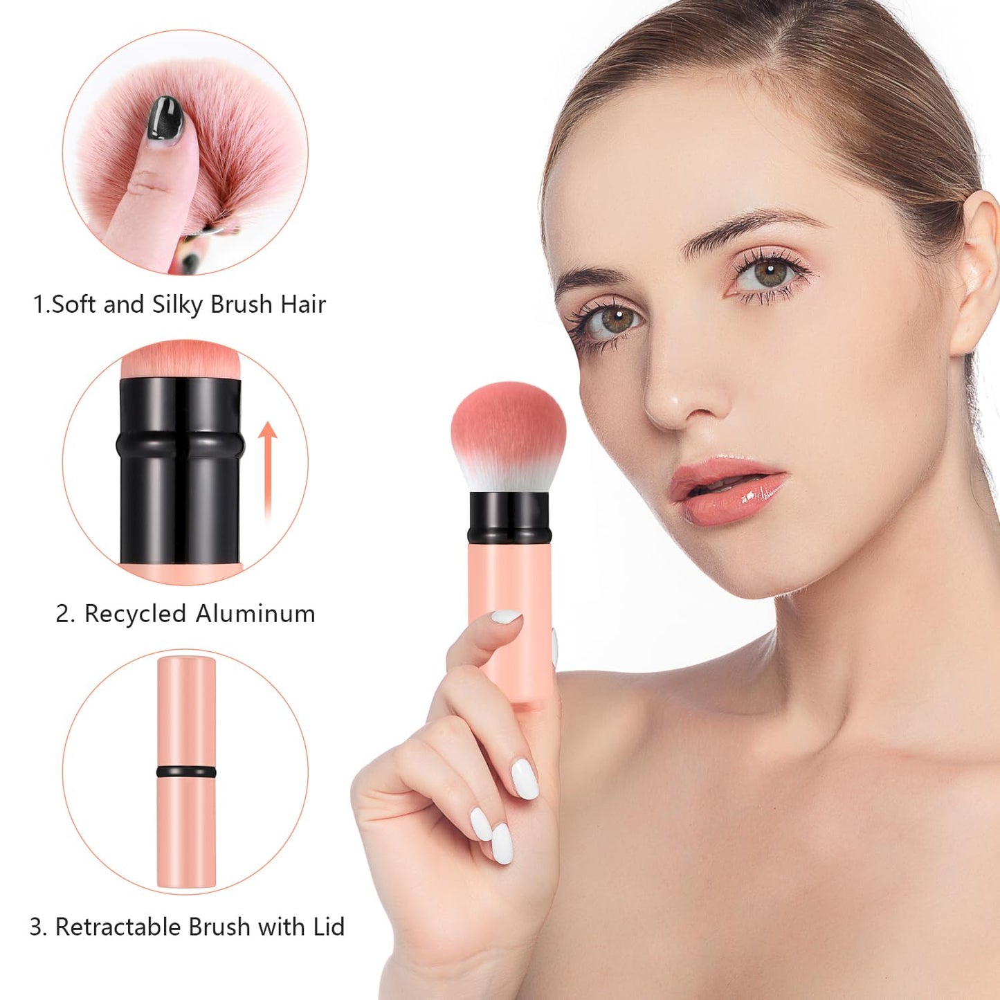 Falliny Retractable Makeup Brush, Travel Kabuki Face Blush Brush, Portable Powder Foundation Sunscreen Brush with Cover for Blush, Bronzer, Buffing, Flawless Powder Cosmetics