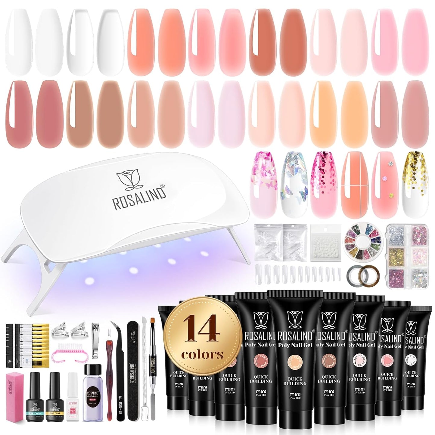 ROSALIND Poly Nail Gel Kit -14 Colors +72 Nail Art Accessories kit Nude Pink Poly Nails Gel Kit Starter Kit with Mini UV Lamp Slip Solution Basic Poly Nail Art Tools for Beginners with Everything
