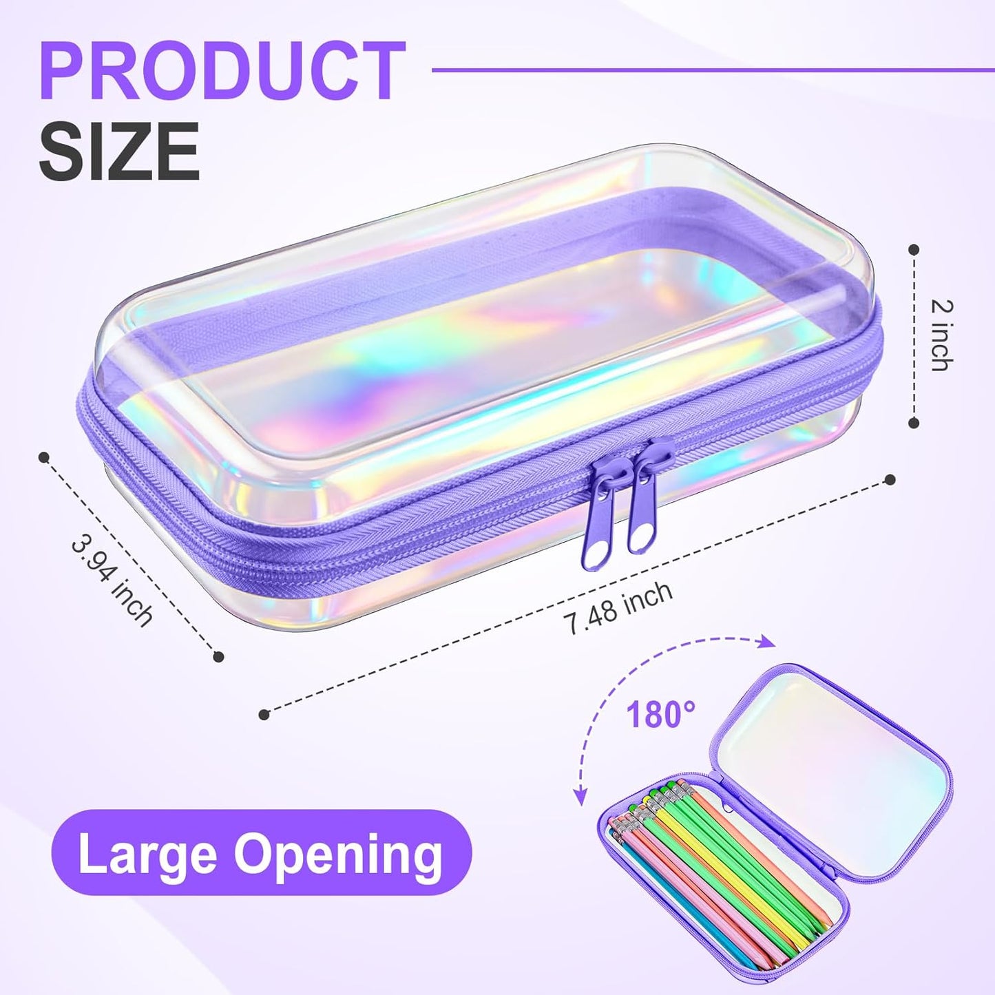 Hoolerry 4 Pcs Hard Clear Zipper Case Makeup Bags Plastic Pencil Pouch Transparent Storage Box Containers for Cosmetics, Snacks, Building Blocks, Puzzles(Purple Laser,7.5 x 3.9 x 2 in)