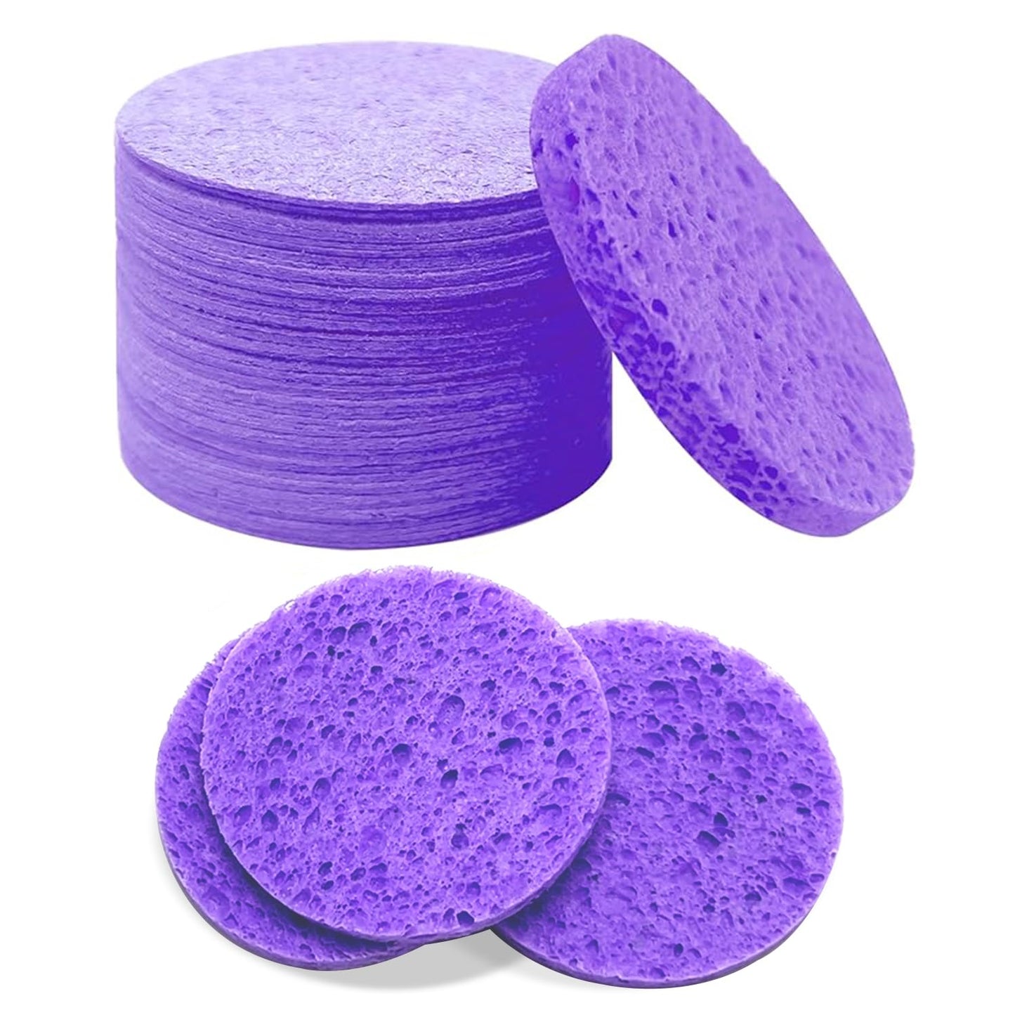 50-Count Facial Sponges Compressed Natural Cellulose Sponge Round Shape Face Sponge for Face Cleansing Exfoliating and Makeup Removal, Purple