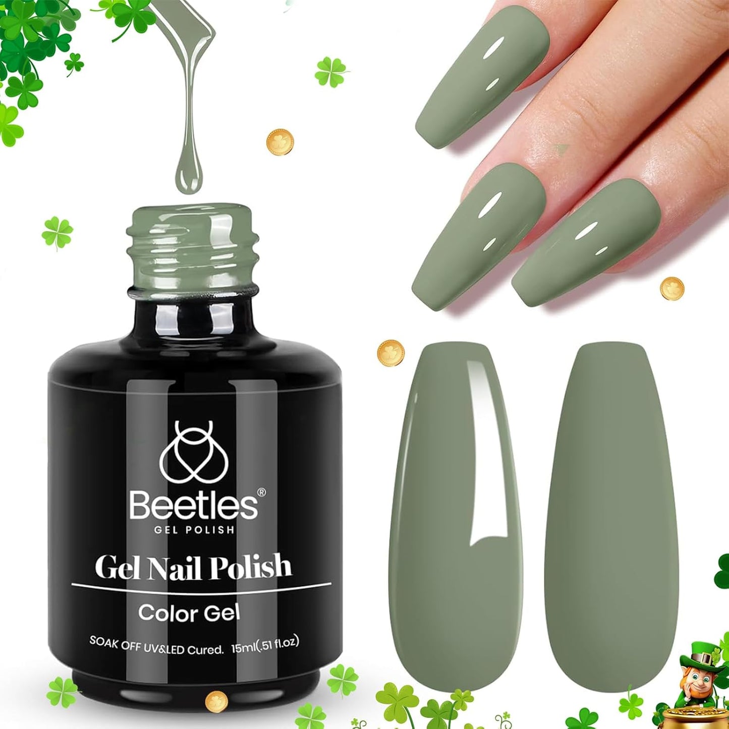 beetles Gel Polish Sage Green Gel Nail Polish 1 PCS 15ml Nail Gel Polish Soak Off UV LED Nail Lamp Needed Gel Polish Nail Art Manicure Salon DIY Home 0.5Oz