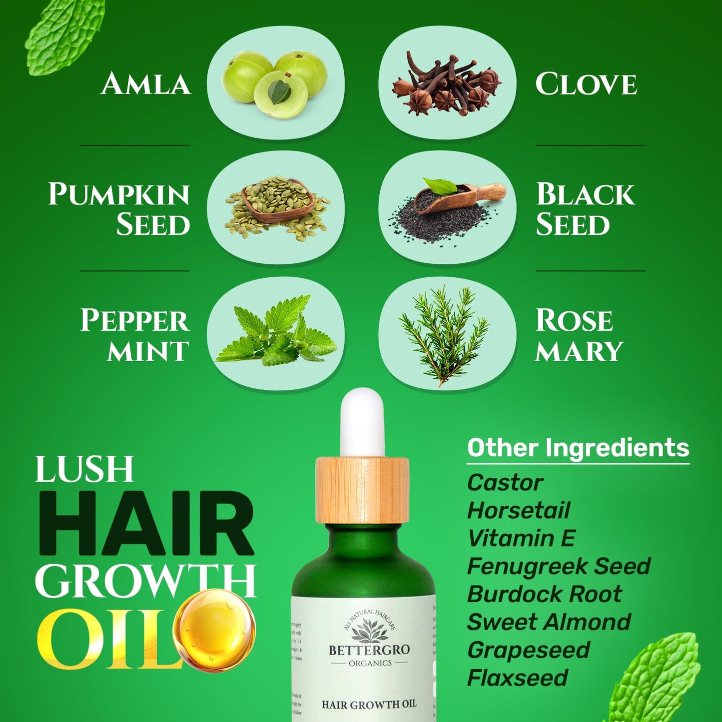 BetterGRO Organic Hair Growth Oil – Herbal & Natural Blend with Rosemary, Black Seed, Amla, Pumpkin Seed & More – Supports Growth, Strengthens Roots, Vegan & Cruelty-Free (1.7 fl oz)