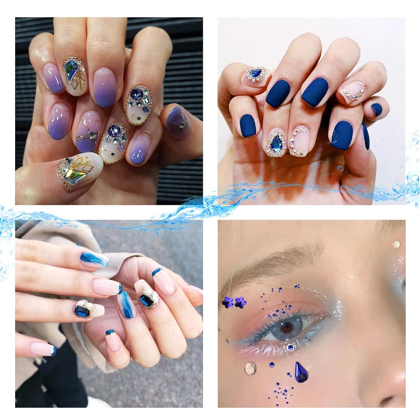 3100Pcs Flat Back Rhinestones for Nails, HOINCO Blue Rhinestones for Nails, Mix 20 Styles Flatback Rhinestone/Gems, 600 Diamonds + 2500 Round Rhinestones Beads for Nail Crafts with Tweezers Pen