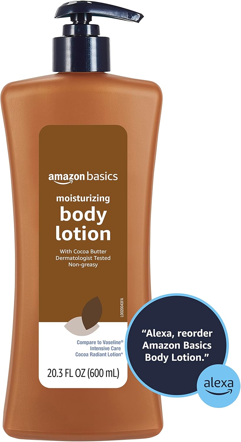 Amazon Basics Moisturizing Cocoa Butter Body Lotion for Dry Skin, Non-Greasy, Paraben Free, Lightly Scented, 20.3 Fl Oz, Pack of 4