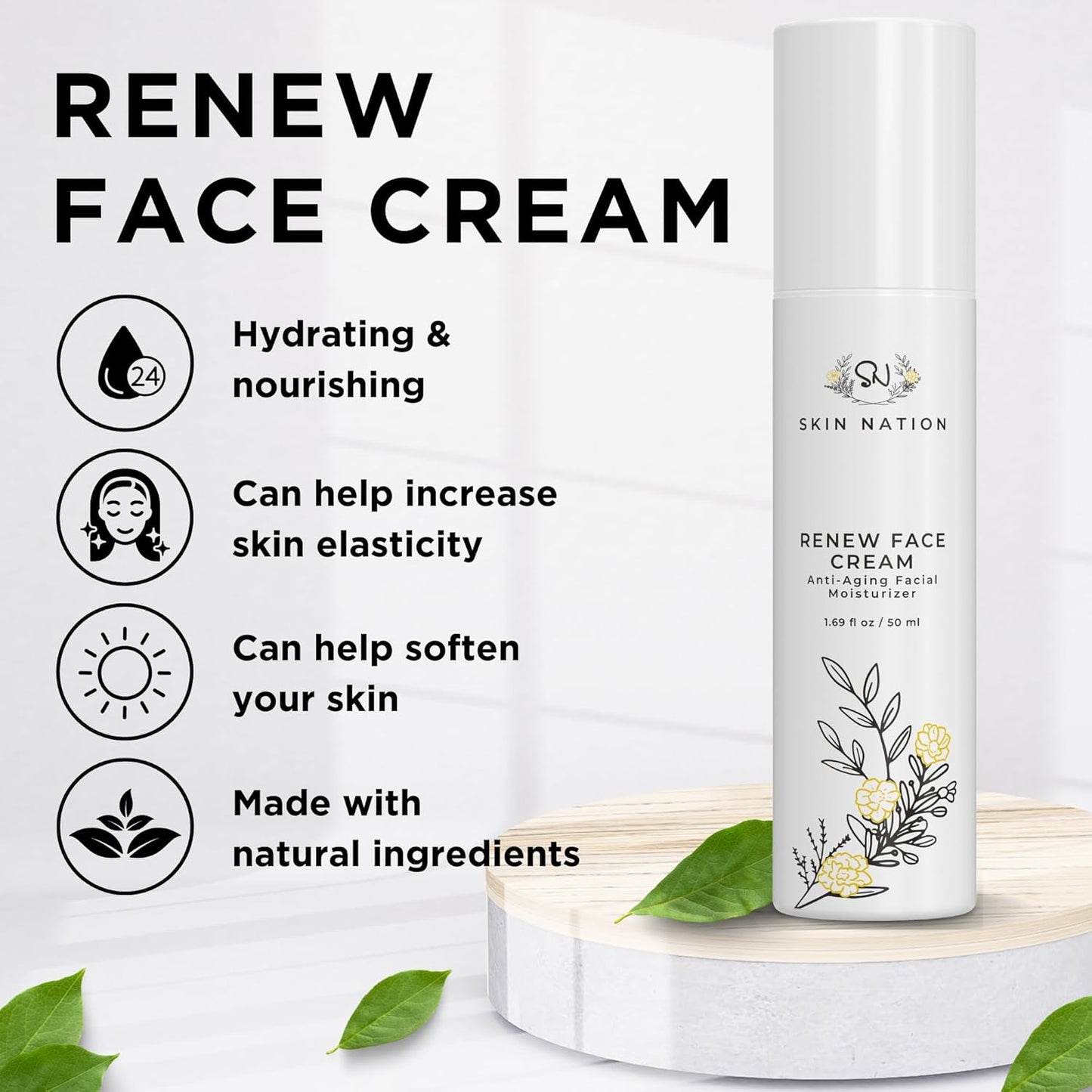 Skin Nation Renew Face Cream, Hydrating Moisturizer with Peptides, Hyaluronic Acid & Green Tea, Lightweight Plant-Based Cream for Smooth, Radiant Skin, 1.7 oz