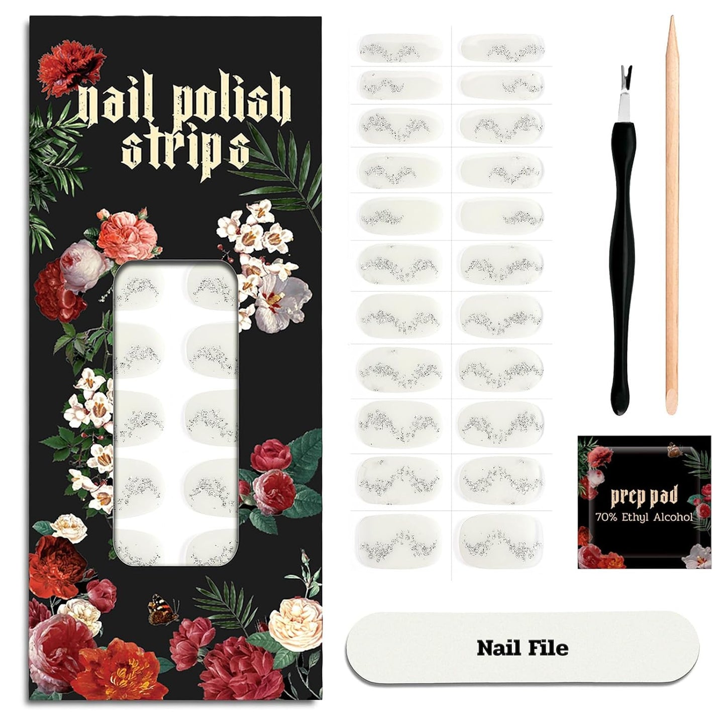 Nail Polish Strips - 22 Pcs Salon Quality Gel Nail Stickers - Long Lasting Wraps (Snow Lotus White Flower)
