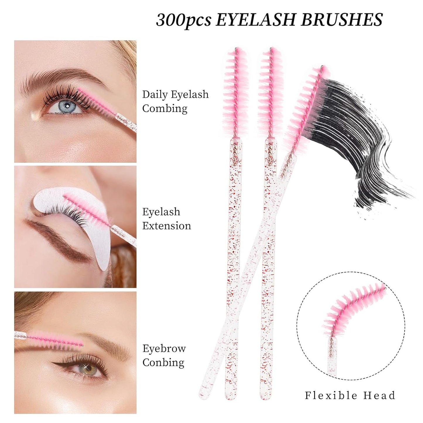 300PCS Disposable Mascara Wands Spoolie Brush Crystal Eyebrow Brushes Eyelash Extension Applicator Makeup Kits(Light Pink/All Pink)