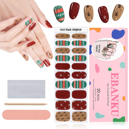 EBANKU 20PCS Christmas Semi-Cured Gel Nail Polish Strips, Snowflake Christmas Trees Adhesive Gel Nail Art Sticker, Waterproof Gel Nail Wrap Stickers with Nail File and Stick（UV/LED Lamp Required）