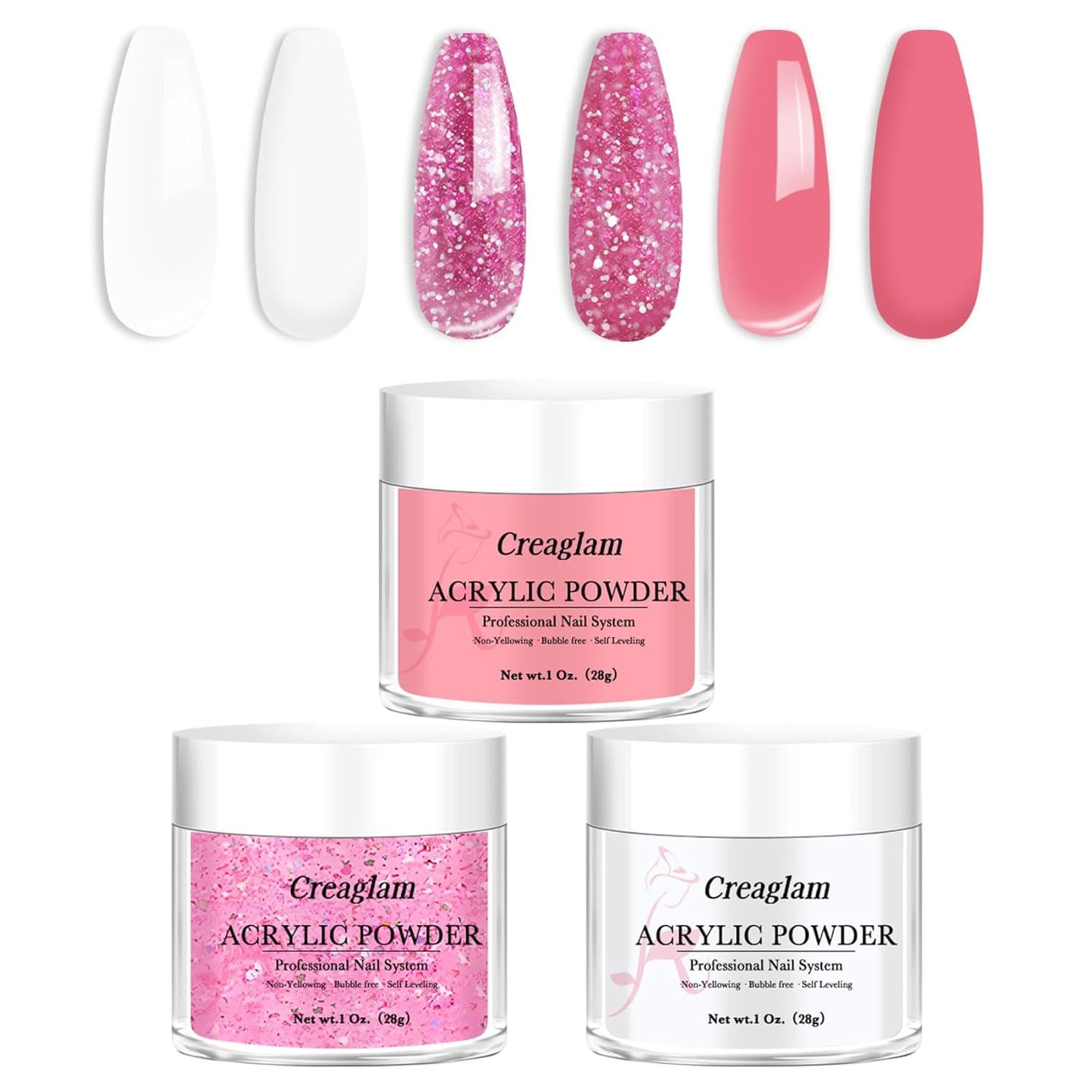 Super Acrylic Powder 28g: 3Pcs Large Capacity Pink Carnation Glitter White Nail Polymer for 3D Art Carving French Extension - 1oz. Pink Lemonade Professional Acrylic Powder No Need Lamp