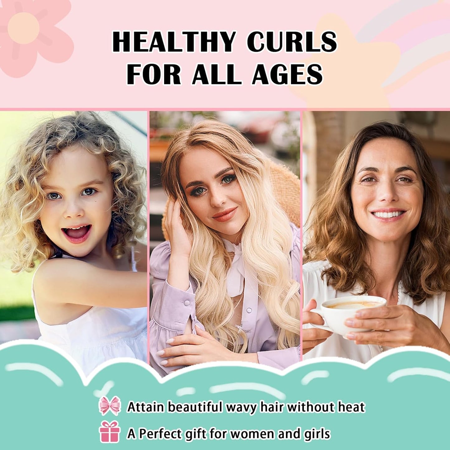 Satin Heatless Curls Overnight Hair Curlers to Sleep In Hair Curler Rollers No Heat Hair Wrap for Curls Headband, 70" Satin Heatless Curling Rod Set for Women Long Waves Hair Volume -Pink 9PCS