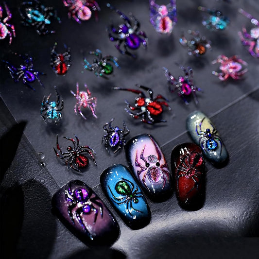 Halloween Nail Stickers 1 Sheet 3D Embossed Nail Art Stickers DIY Self-Adhesive Nails Decals Stickers with Colorful Spider Glitter Designs Holiday Nail Art Decorations