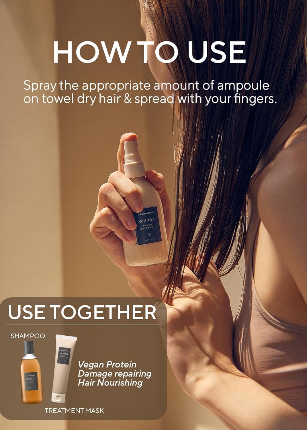 AROMATICA Quinoa Protein Hair Ampoule 3.38 fl. Oz - Vegan Protein Hair Serum for Silky Hair | Nourishing Dry, Damaged Hair | Silicone Free