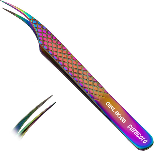 Curacoro Lash Tweezer - Professional & Precision Fiber Tip Grip Lash Tweezers for Eyelash Extensions, Multi Shapes & Purposes Tweezers for Volume, Isolation & Classic Lashes (Galaxy, Girl Boss)