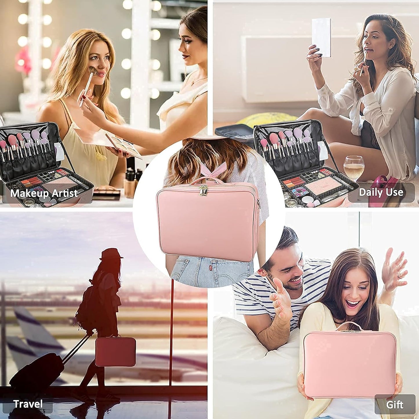 JOURMON Travel Makeup Case Portable Makeup Train Case Organizer Cosmetic Bag with Adjustable Dividers and Shoulder Strap for Makeup Brushes Toiletry Travel Accessories(Pink, L)