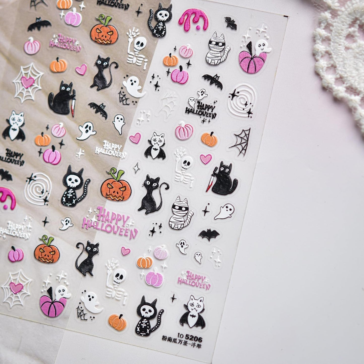 Halloween Nail Stickers for Nail Art Pink Black Cute Cat Skeletone Pumpkin Nail Art Stickers 5D Embossed Nail Decals 3D Self-Adhesive Nails Supply Manicure Sliders for Nails Decoration
