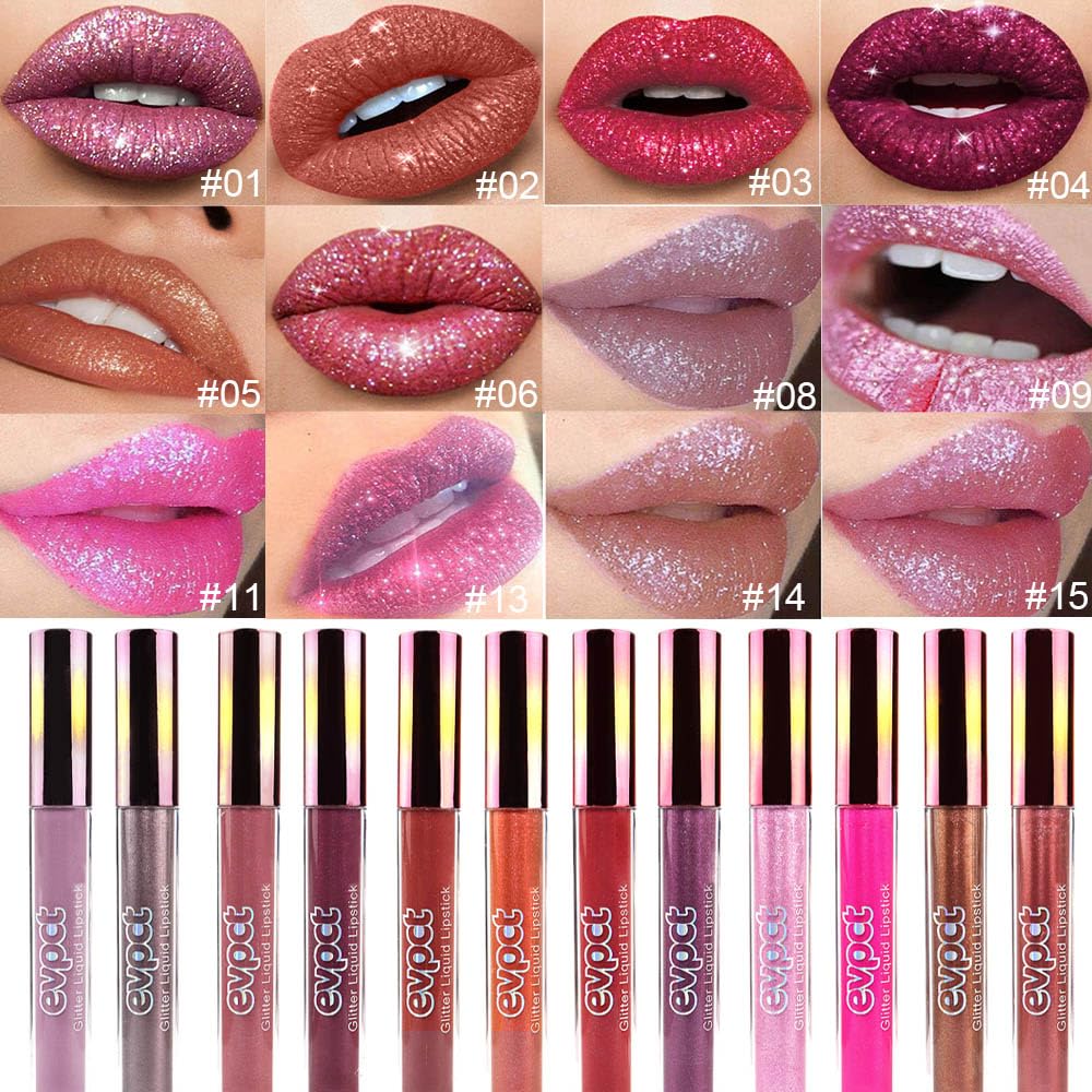 evpct 1Pcs Plum Red Glitter Metallic Shimmer Diamond Lipstick Lip Gloss Stain Set for Women Long Lasting Waterproof, Mauve Red Sparkle Glitter Matte long Wear Liquid Lipstick Lip Makeup Kit, 15#