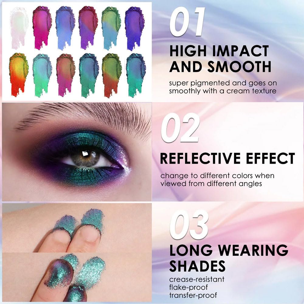 evpct Pale Green to Pink Chameleon Eyeshadow Palette, Color Changing Loose High Pigment Shimmer Metallic Rainbow Eyeshadow Makeup Pallet, Green Pink Holographic Multichrome Eyes Highlighter