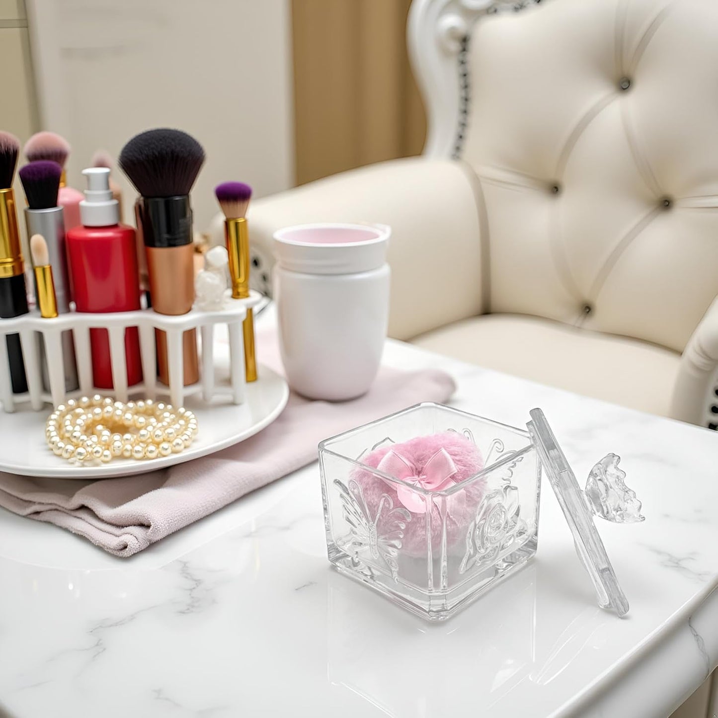 Body Powder Puff and Container - Glass Dusting Powder Container with 2 Soft Puffs – Vintage Powder Puff Case for Women & Girls (3.74x3.74x4.53 H IN) - GRB013-Transparent