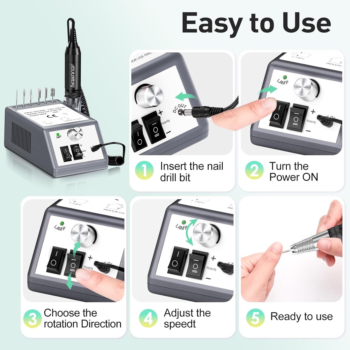 30,000 RPM Professional Nail Drill, High Speed Grinder Manicure E File Kit, Acrylic Gel Nails Polish Remover Buffer for Artificial Nails with Nail Drill Bits and Sanding Bands(Grey)