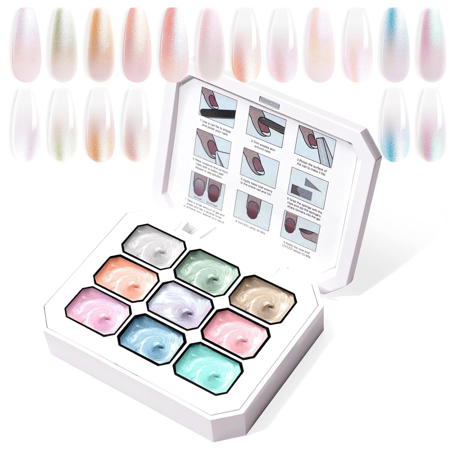 Gradient Painting Gel, 9 Colors Pearlescent Ombre Gel Nail Polish for Pigment Pat Aura Nails French Manicure Long-lasting No-wipe Soak Off UV Treasure of Pearl
