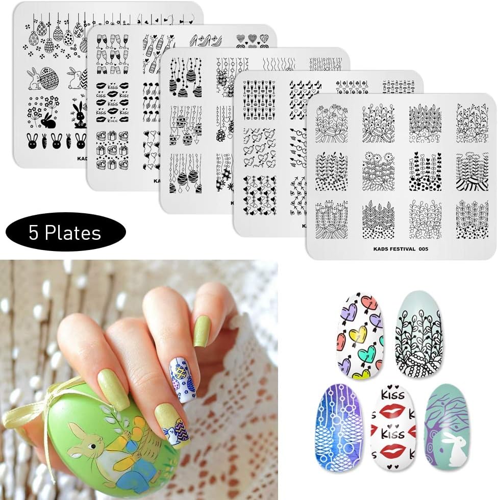 KADS 5Pcs/Set Nail Art Stamping Plate Nail Art Template Decoration Tool Flower Rabbit Kiss Heart Image Plate