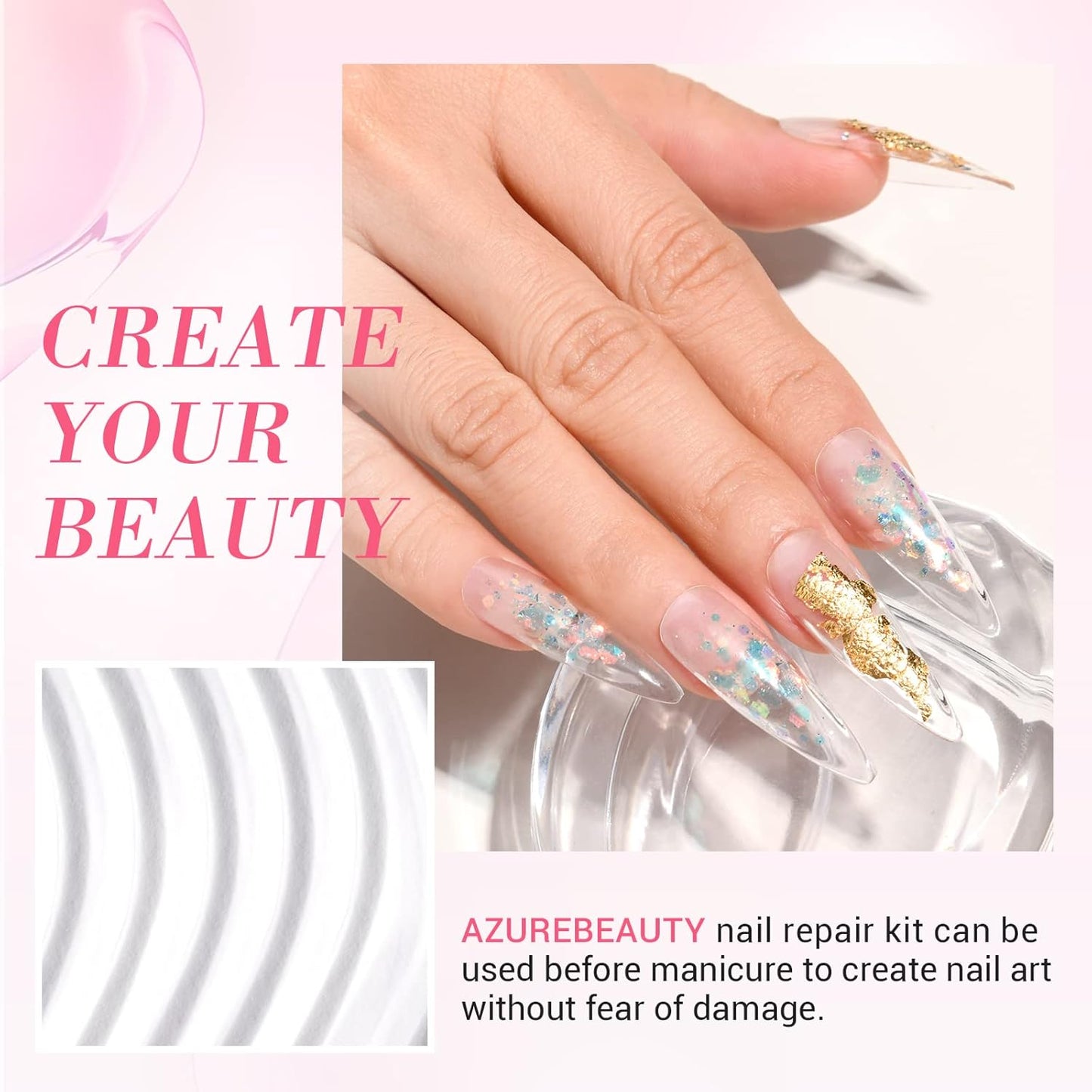 AZUREBEAUTY Nail Repair Kit Transparent Crystal for Broken Cracked Split Weak Nails, Ideal Solution Emergency Easy Quick Fix Dip Powder 28 g 1 Oz Quick-Drying Repair Glue 10 ml Nail File Nail Buffer