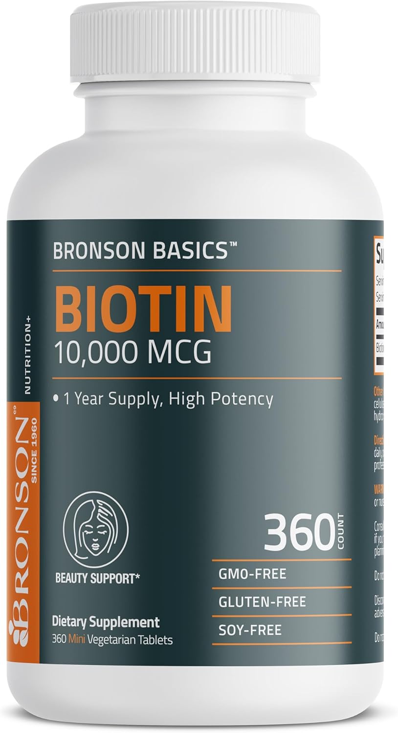 Bronson Biotin 10,000mcg, Supports Healthy Hair, Skin and Nails, Vegetarian, Non-GMO, 360 Tablets