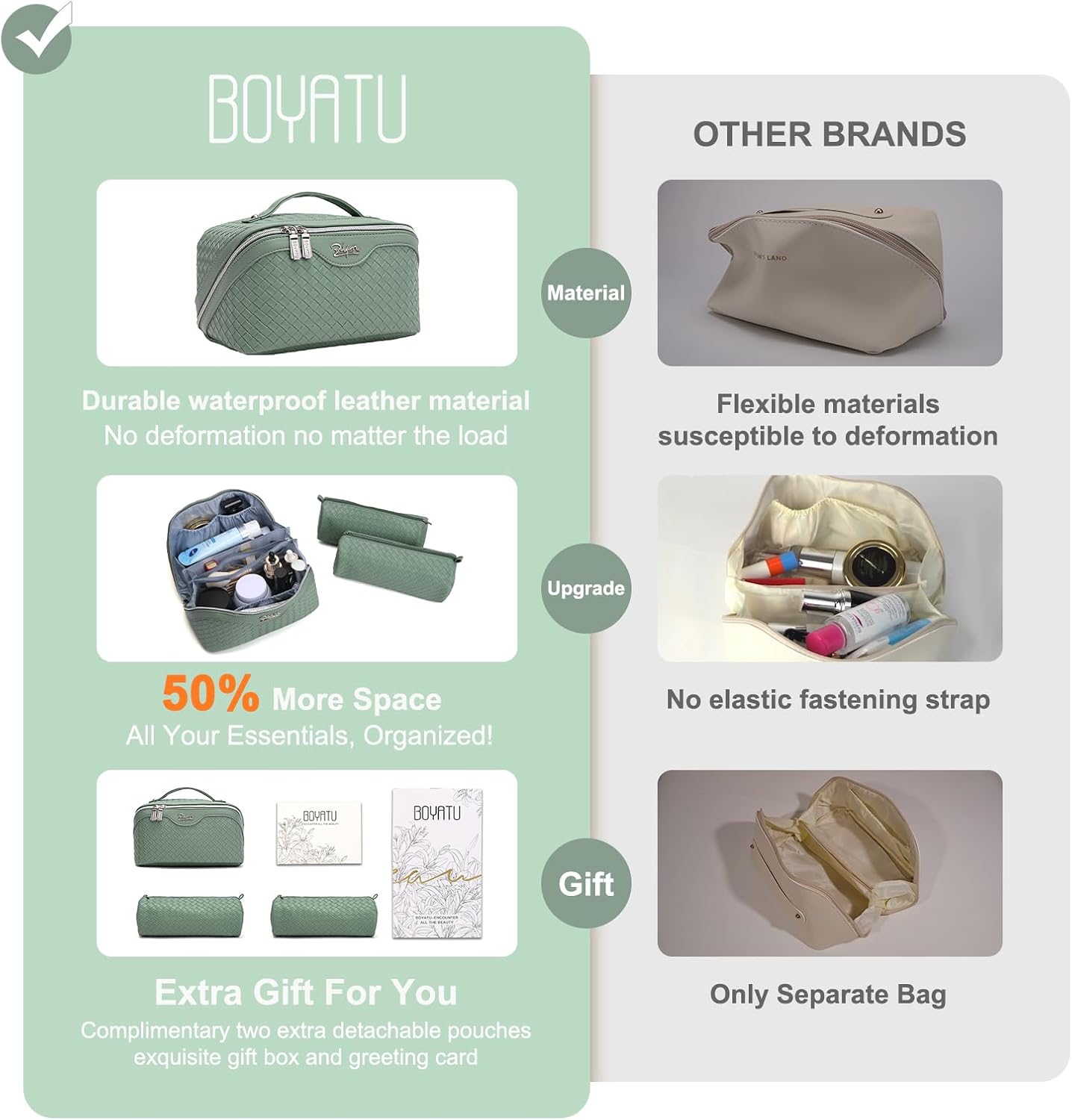 BOYATU Travel Makeup Bags for Women: Large Cosmetic Bag Waterproof - Vegan Leather Make up Bag Set of 3 - Compact Toiletry Organizer with Compartments & Handle & Divider (L05 Grass Green)