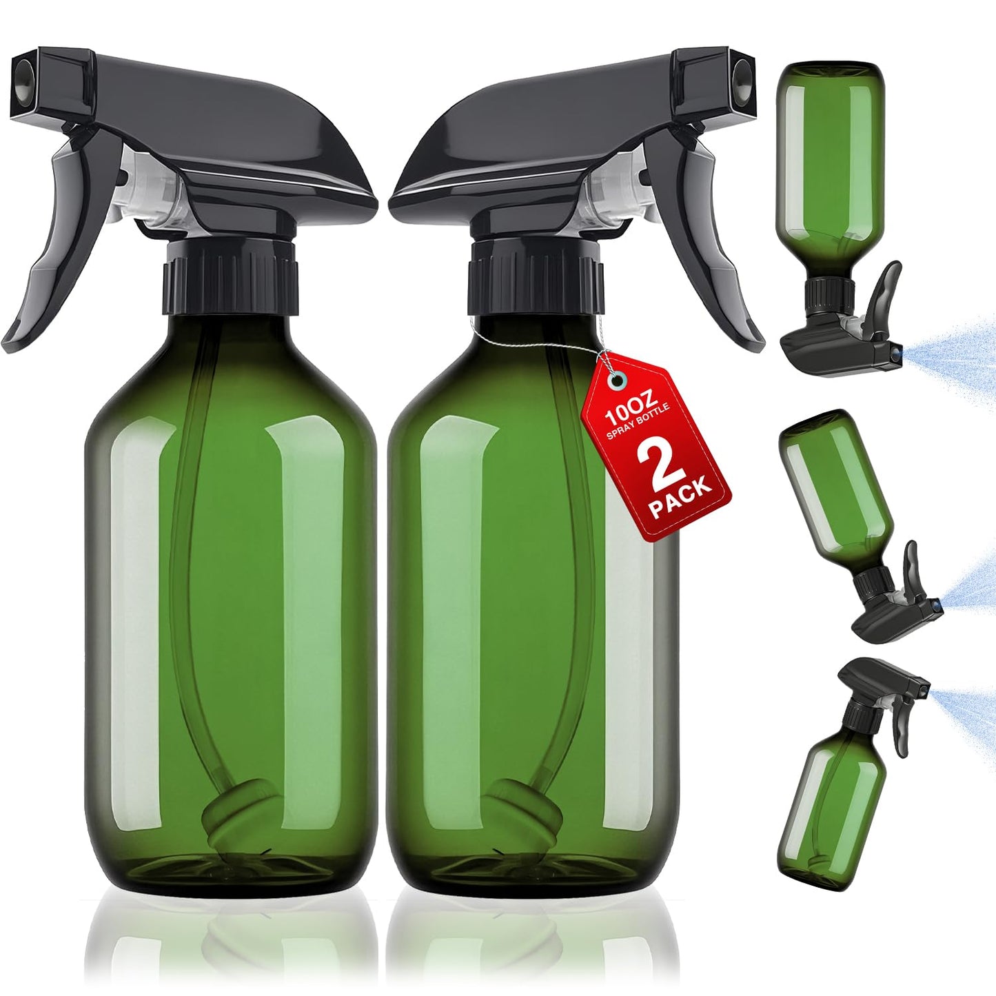 2 Packs Plastic Spray Bottles 360° Water Spray Bottle for Cleaning - 10 oz/300 ml Upside Down Spray Bottle Refillable Small Squirt Bottle with Adjustable Nozzle for Hair, Cooking, Plant, Pet (Green)