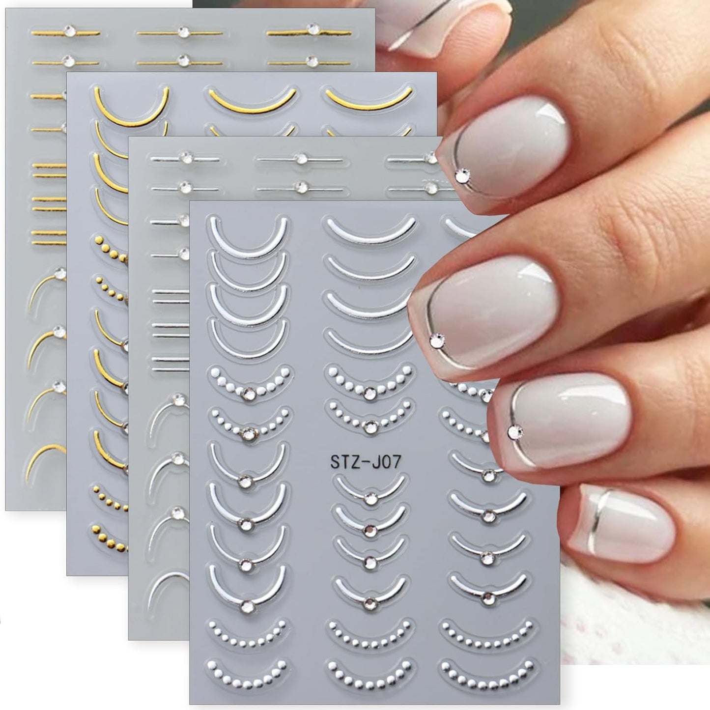 4 Sheets French Tip Nail Art Stickers 5D Simple Gold Silver Line Nail Stickers with Shiny Diamond Design Self-Adhesive Nail Decals French Sticker for Women Manicure Decorations