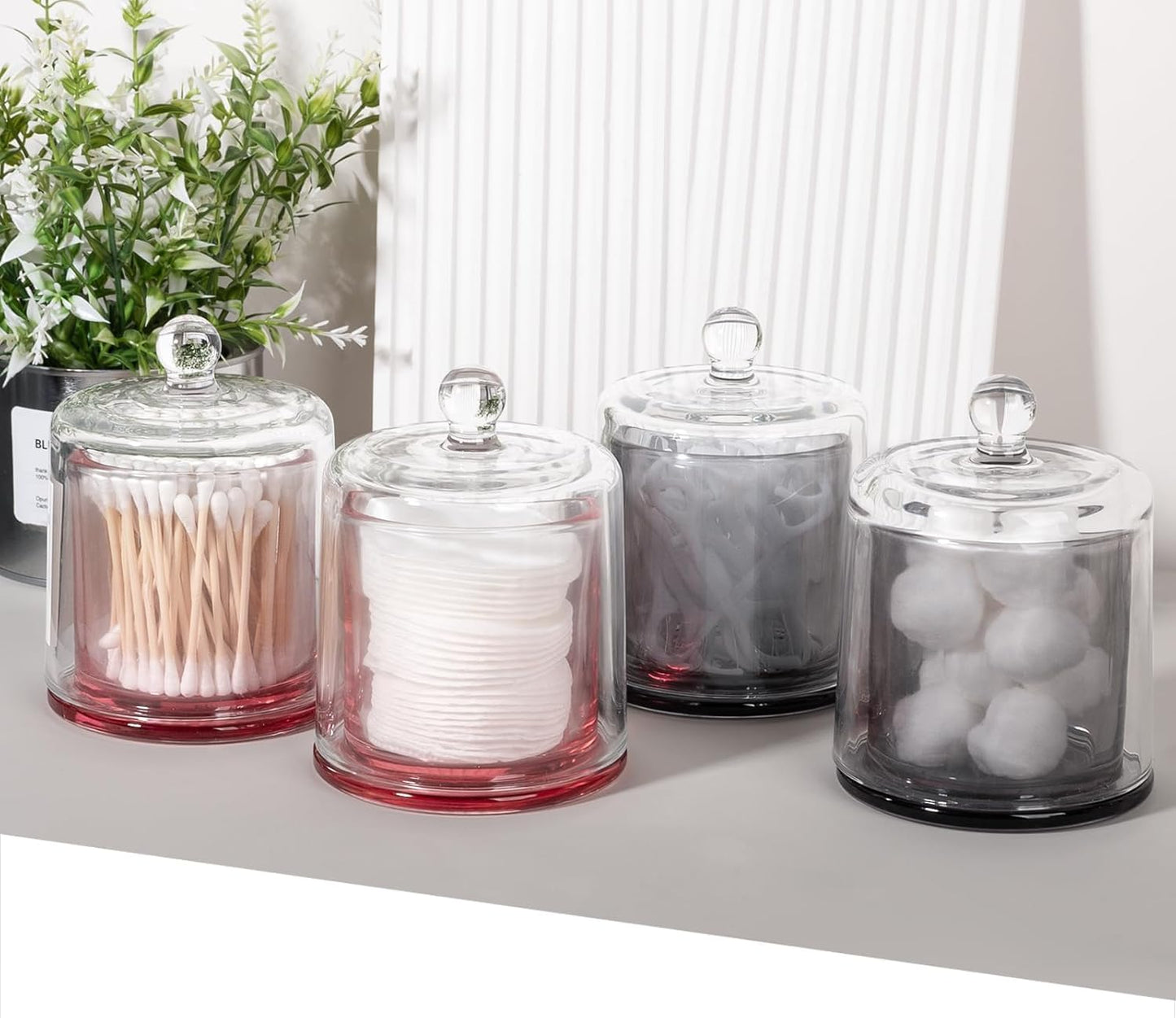 rejomiik 2 Pack Qtip Holder Thick Glass Apothecary Jars with Lid for Bathroom Accessories Vanity Organizers and Makeup Storage for Cotton Ball, Swabs, Makeup Sponges, Candy, Jewelry, Pink