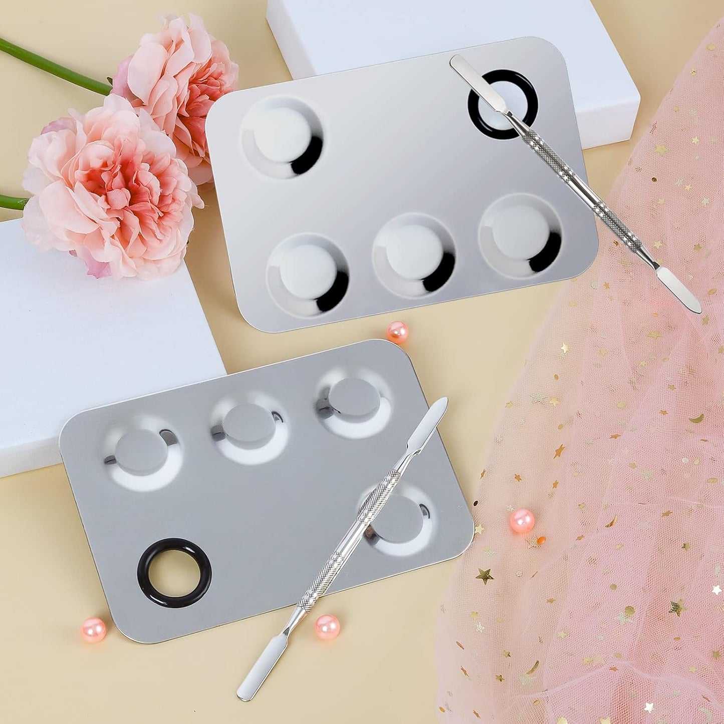 Makeup Mixing Palette, Upgrade Stainless Steel Metal Makeup Mixing Tray with Spatula Tool, Nail-art Palette for Mixing Foundation/Eye Shadow/lipstick/Nail Polish/Pigment (Rectangle)