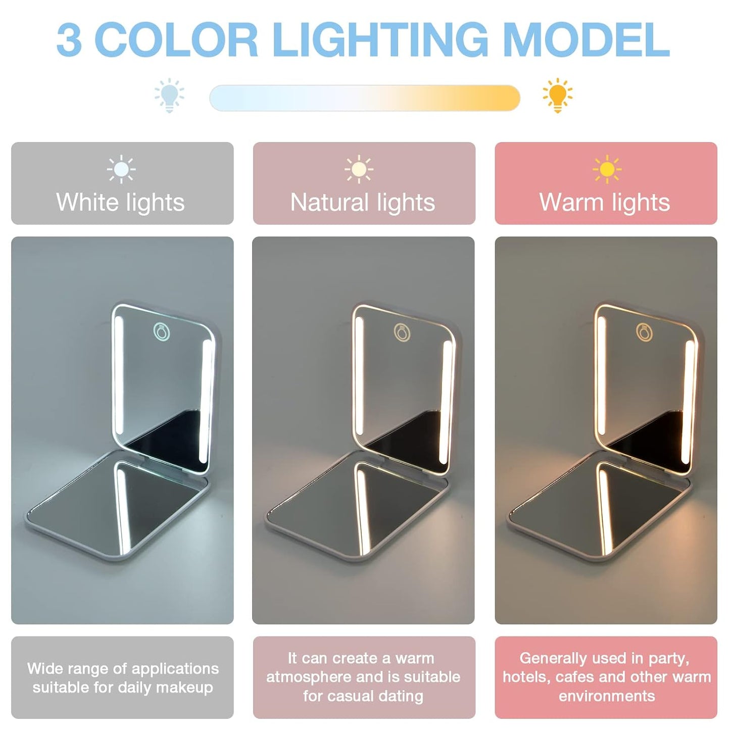 Kintion Rechargeable Pocket Mirror, Double Sided 1X/3X Magnification Compact Vanity Mirror, 3 Color Lights, Dimmable, Small Portable Wallet Mirror, Lighted Travel Mirror for Women Gifts, White