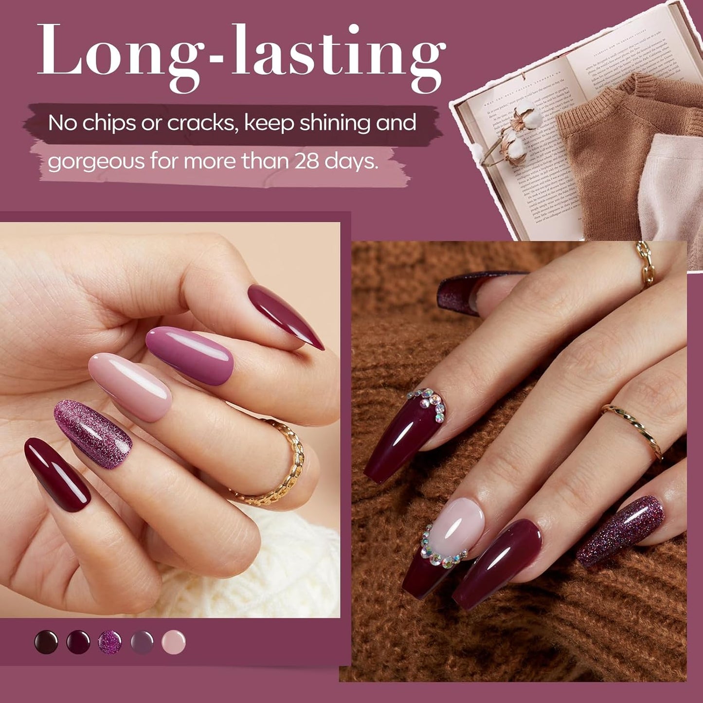 AZUREBEAUTY Dip Powder Nail Kit Starter Glitter Purple Nude Brown 8 Colors 30 Pcs with Nail Swatch Sticks, Dipping Powder Liquid Set Matte Top Coat for Fall Winter Nail Art Manicure Salon DIY Home