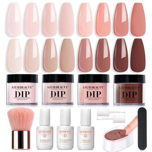AZUREBEAUTY Dip Powder Nail Kit Starter, All Season Skin Tone Nude Brown 4 Colors Acrylic Dip Powder Liquid Set with Base/Top Coat Activator for French Nail Art Manicure DIY Salon Gifts