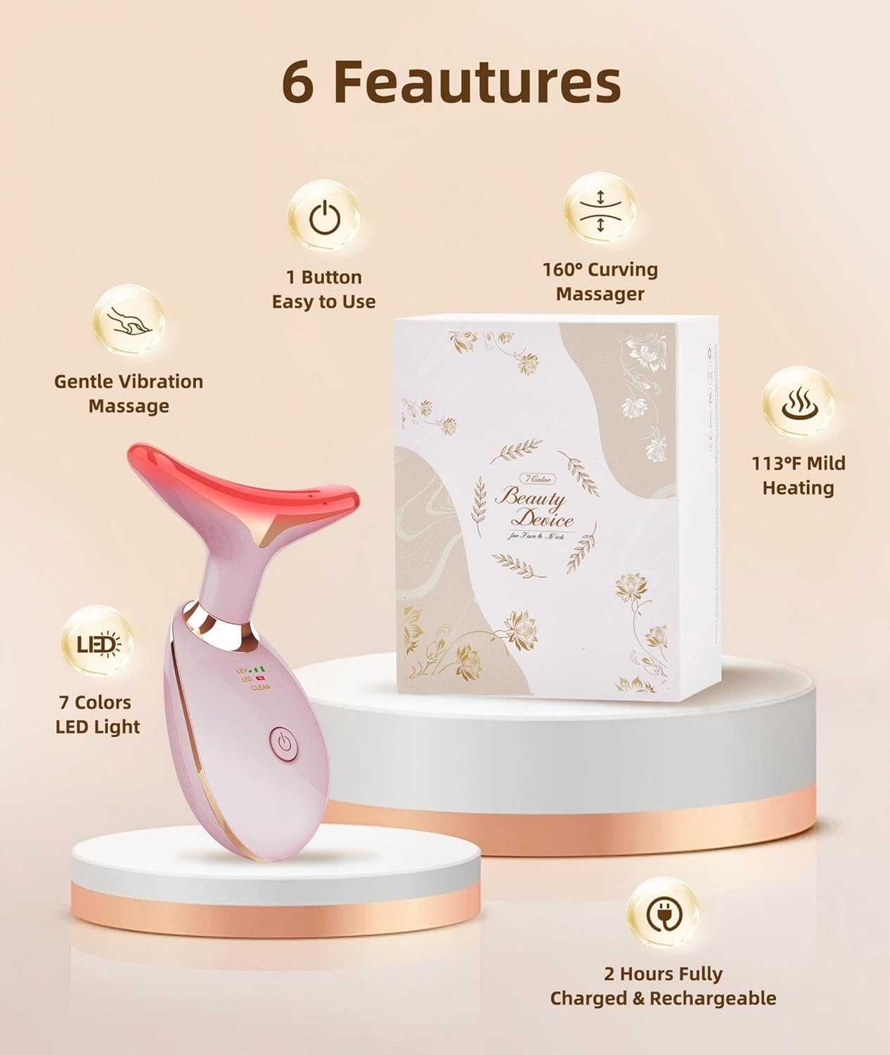 7 Color Face and Neck Massager Light Therapy, Red Light Based Facial Massager for Skin Care, Firming, Smoothing (Pink)