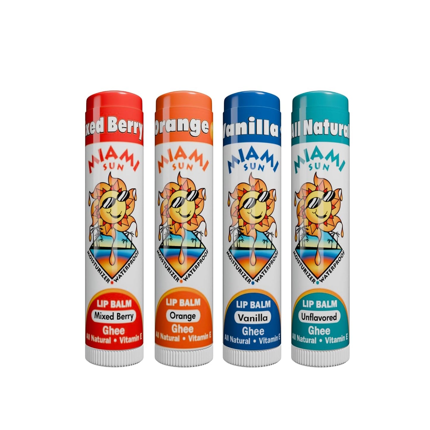 Miami Sun Natural Ghee Lip Balm, Hydrating Lip Treatment with Shea Butter & Beeswax, Organic & Non-Toxic, Best for Dry, Chapped Lips - Moisturizing, Healing, Chemical-Free Lip Care (4 Count, Variety)
