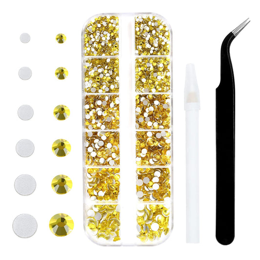 4240Pcs Flatback Yellow Rhinestones Glass Crystal Diamonds for Nail Art Crafts Tumblers Shiny Round with Tweezers and Picking Pen (SS6~SS20 Set)