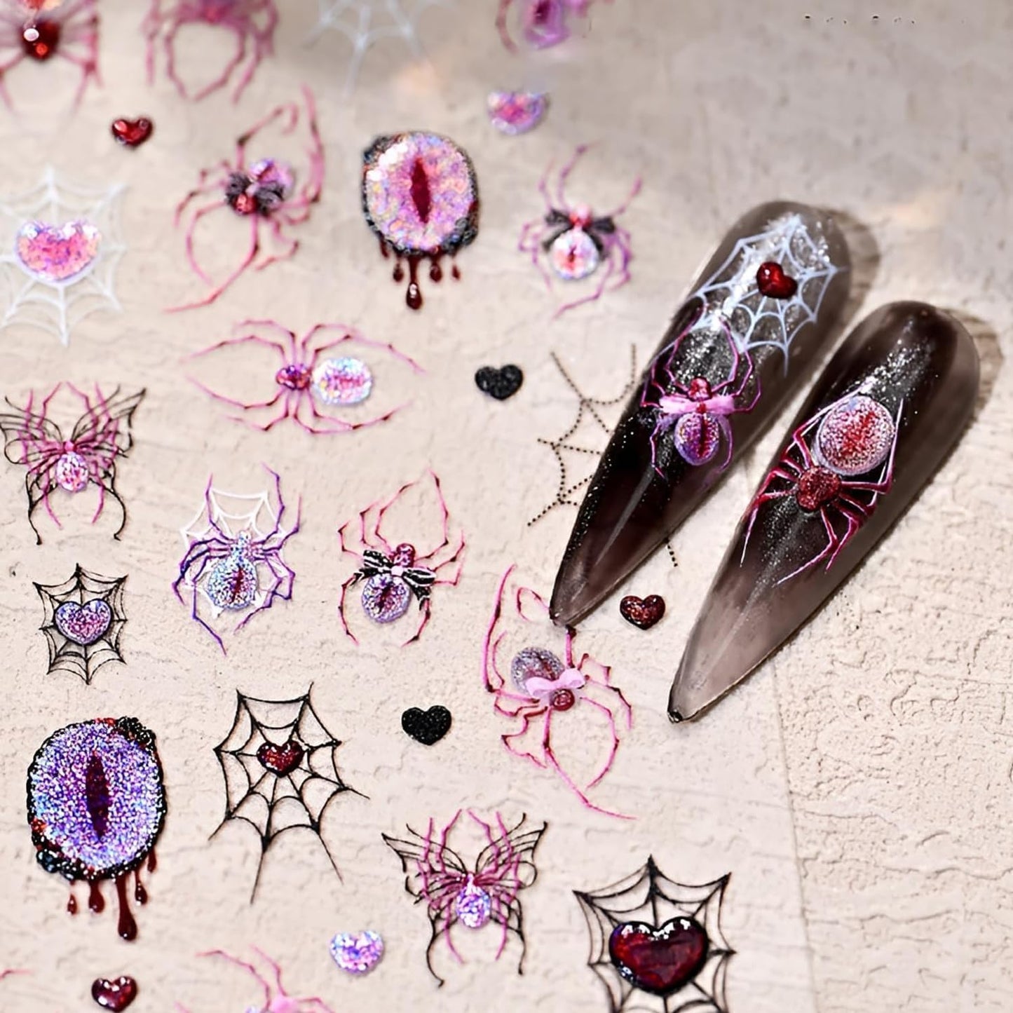 2 Sheets Halloween Nail Art Stickers Decals 5D Embossed Spider Web Nail Decals Glitter Spider Eyes Nail Design Stickers Gothic Halloween Nail Art Supplies for Women DIY Manicure Decoration Accessories