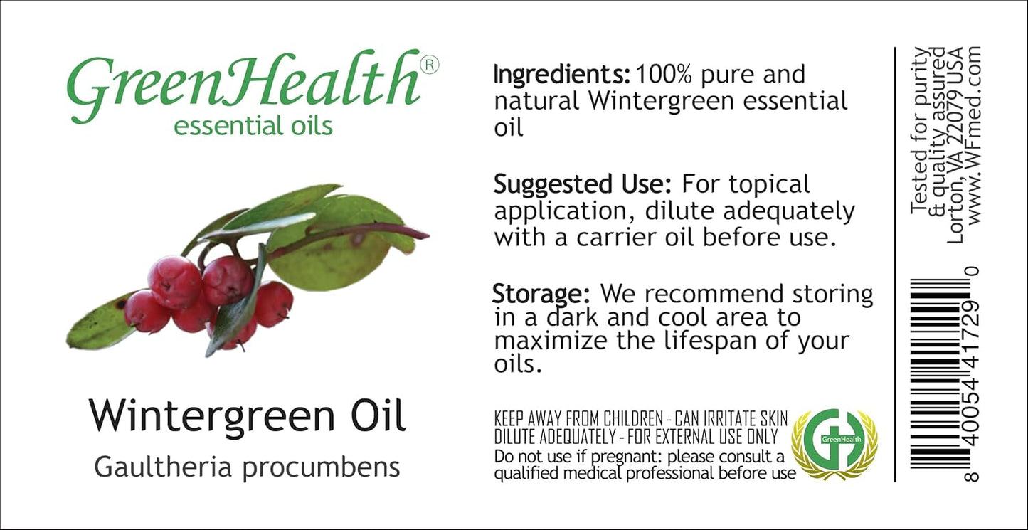 Wintergreen Essential Oil - 16 fl oz (473 ml) Amber Glass Bottle w/Child Resistant Cap - 100% Pure Essential Oil - GreenHealth