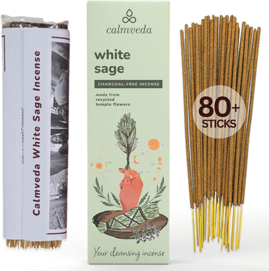 White Sage Incense Sticks for Cleansing - (80 Scent Sticks) Charcoal Free, Made from Upcycled Flowers | Protection Incense to Cleanse Negative Energy