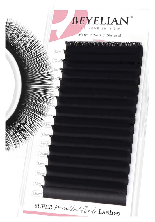 BEYELIAN Flat Eyelash Extension, Ellipse Lash Extensions 0.20 D Curl 13mm 16 Rows Matte Black Eyelash Extension Supplies Classic Lash Extensions Individual Eyelashes Salon Use